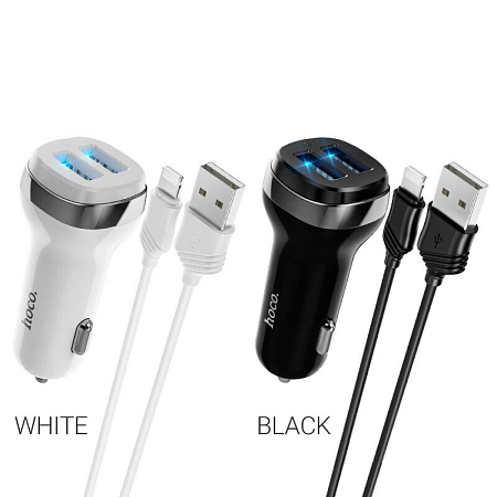 Автомобильное зарядное устройство, 2 USB 2.4A (Z40), usb cable lightning, HOCO, белый