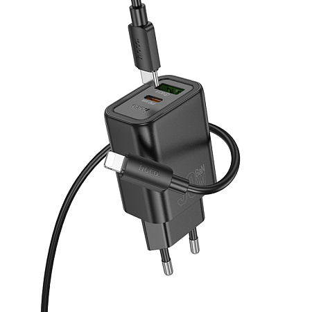 Сетевое зарядное устройство, 1 USB 3.0 QC+1 PD 30W (N63), HOCO, Type-C to Lightning, черный