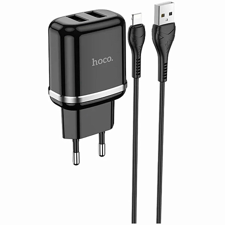 Сетевое зарядное устройство, 2 USB 2.4A 12W (N4), HOCO, Lightning, Умная зарядка, черный