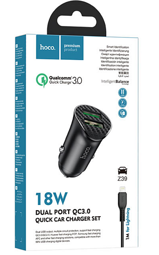 Автомобильное зарядное устройство, 2 USB 3.0 QC (Z39), 18W, HOCO, кабель lightning, черный