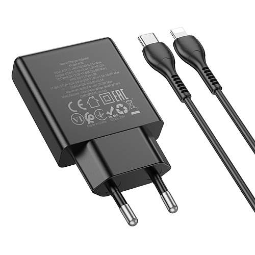 Сетевое зарядное устройство, 1 PD 20W + 1 USB 3.0 QC (N38), HOCO, Type-C to Lightning, черный