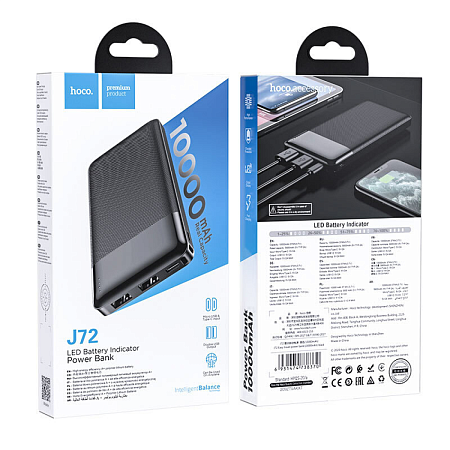 Универсальный Доп. Аккумулятор 10000mAh, J72, HOCO, 2 USB (5V/2.0A), черный