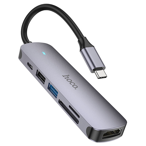 USB Хаб (HB28) c 1 Type-C на 1 USB 3.0 + 1 USB 2.0+1 USB-C+HDMI+MicroSD+SD, HOCO, металлический серый