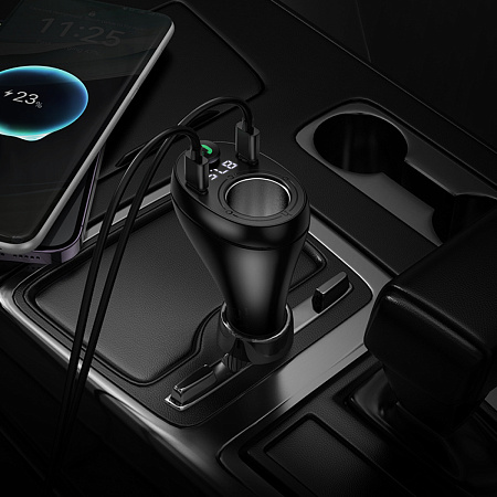 Bluetooth FM модулятор, E88, HOCO, с разветвителем прикуривателя, черный
