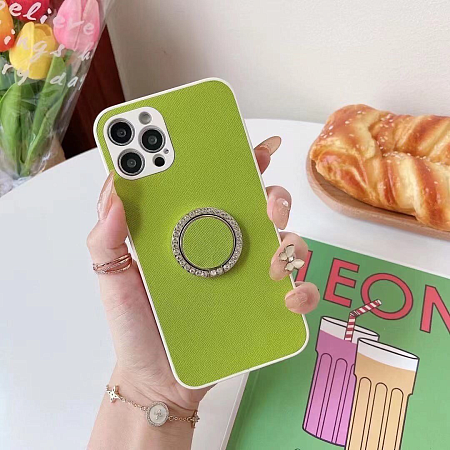 Чехол силиконовый для iPhone 13 Pro (6.1), текстурный с подставкой кольцом на палец со стразами, X-CASE, салатовый