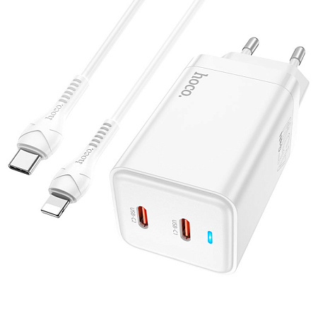 Сетевое зарядное устройство, 2 PD 45W (N23), HOCO, Type-C to Lightning, Безопасный сертификат, белый
