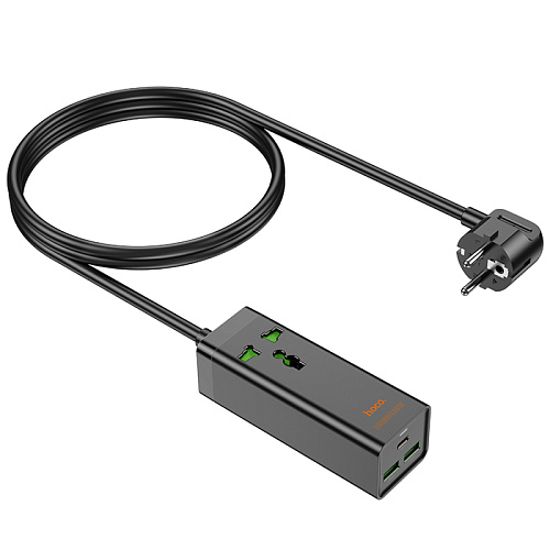 Сетевой фильтр на 1 розетка+2 USB+1 PD, 1.5м, AC9A, HOCO, черный