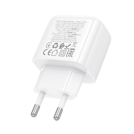 Сетевое зарядное устройство, 1 USB 3.0 QC+1 PD 30W (CS55A), HOCO, белый