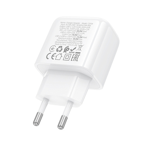 Сетевое зарядное устройство, 1 PD 30W + 1 USB 3.0 QC (CS55A), HOCO, белый