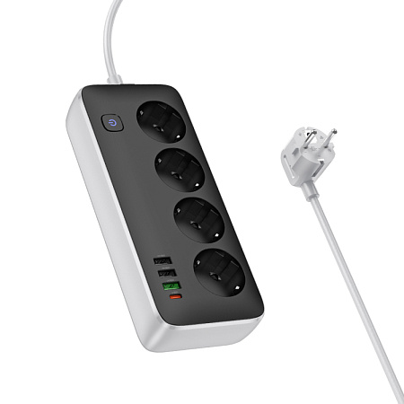 Сетевой фильтр на 4 розетки+3 USB+1 PD(30Вт), 3 м, AC22, Sunlight, HOCO, черный