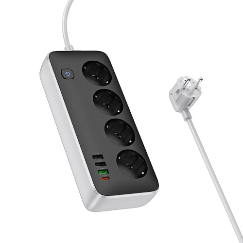 Сетевой фильтр на 4 розетки+3 USB+1 PD(30Вт), 3 м, AC22, Sunlight, HOCO, черный