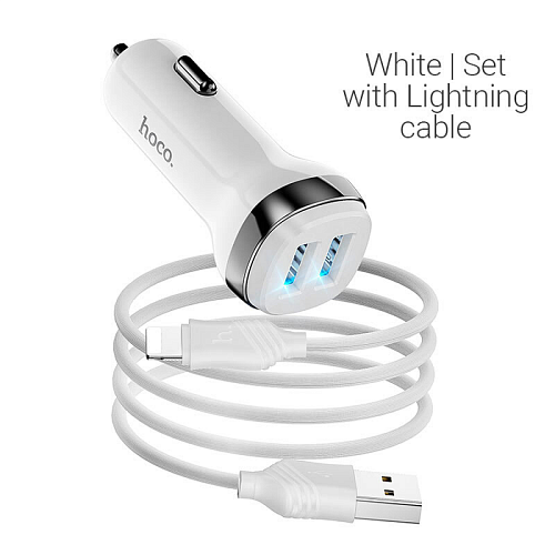 Автомобильное зарядное устройство, 2 USB 2.4A (Z40), usb cable lightning, HOCO, белый