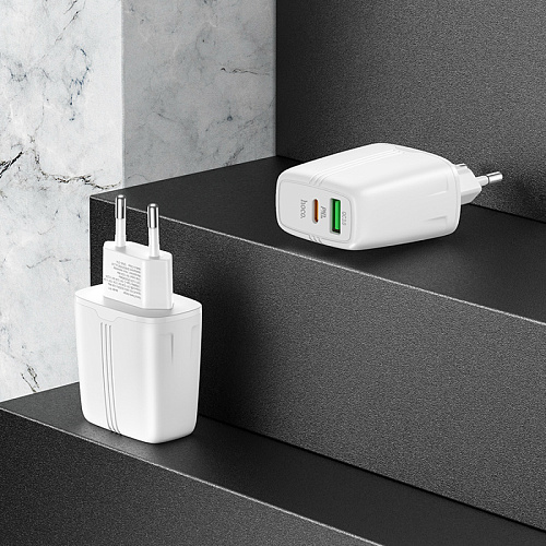 Сетевое зарядное устройство, 1 PD 20W + 1 USB 3.0 QC (N11), HOCO, Безопасный сертификат, белая