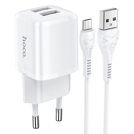 Сетевое зарядное устройство, 2 USB 2.4A 12W (N8), HOCO, Micro, Умная зарядка, белый