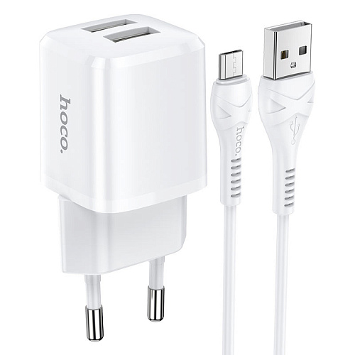 Сетевое зарядное устройство, 2 USB 2.4A 12W (N8), HOCO, Micro, Умная зарядка, белый