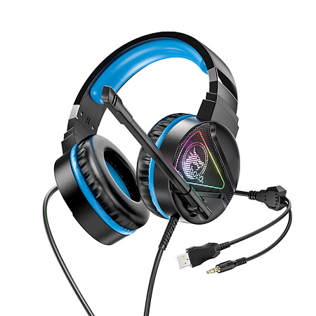 Проводные наушники W104, HOCO, игровые с микрофоном, черные с синим