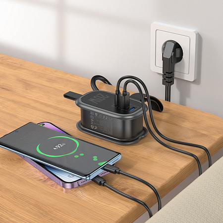 Сетевой фильтр на 1 розетка+2 USB+1 PD, 1.1м, NS7, HOCO, черный