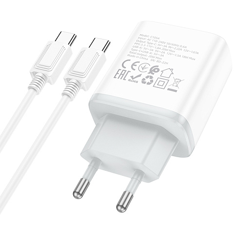 Сетевое зарядное устройство, 1 PD 20W + 1 USB 3.0 QC (C105A), HOCO, Type-C to Type-C, белый