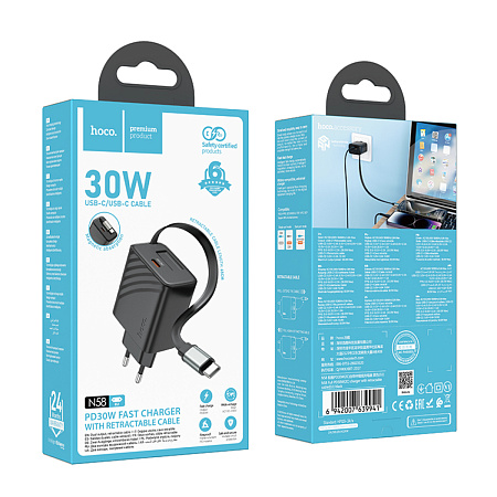 Сетевое зарядное устройство, 1 PD 30W + встроенный кабель Type-C (N58), HOCO, черный