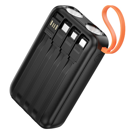 Универсальный Доп. Аккумулятор 10000mAh, J151, HOCO, выход 4 кабеля: Micro, Type-C, Lightning, USB, черный