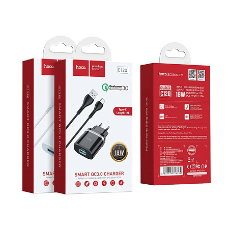 Сетевое зарядное устройство, 1 USB 3.0A (C12Q), HOCO, Type-C, белый