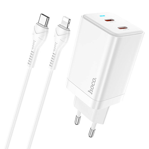 Сетевое зарядное устройство, 2 PD 45W (N23), HOCO, Type-C to Lightning, Безопасный сертификат, белый