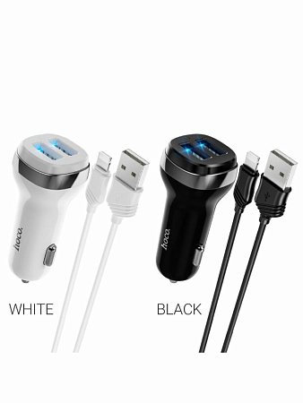 Автомобильное зарядное устройство, 2 USB 2.4A (Z40), usb cable lightning, HOCO, черный