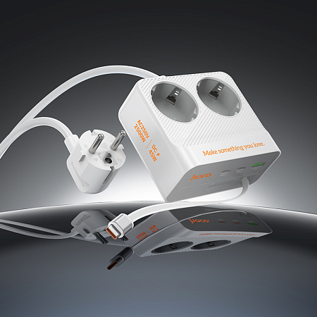Сетевой фильтр на 2 розетки +1 USB+2 PD, кабель Type-C, 2м, AC28, HOCO, белый