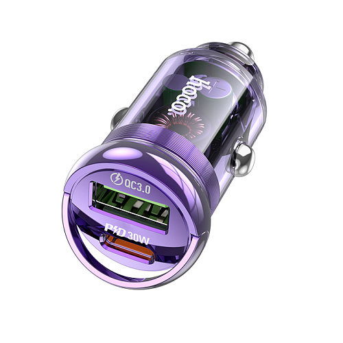 Автомобильное зарядное устройство, 1 USB 18W+1 PD 30W (Z53A), HOCO, фиолетовый с прозрачным