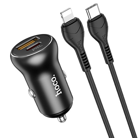 Автомобильное зарядное устройство, 1 USB QC3.0+1 PD 30W (NZ5), HOCO, кабель Type-C to Lightning, черный