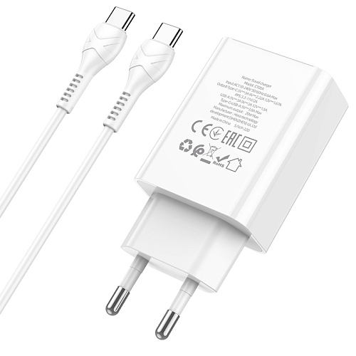 Сетевое зарядное устройство, 1 PD 20W + 1 USB 3.0 QC (C100A), HOCO, Type-C to Type-C, белый