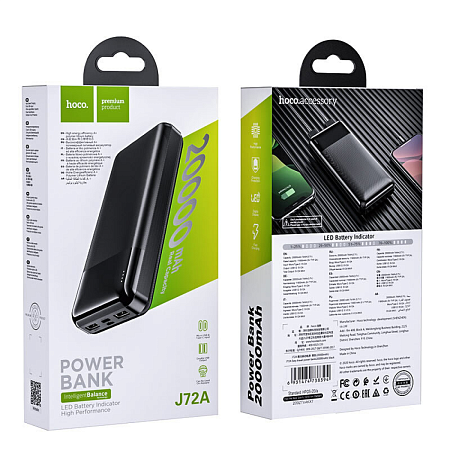 Универсальный Доп. Аккумулятор 20000mAh, J72A, HOCO, 2 USB (5V/2.0A), черный