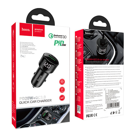 Автомобильное зарядное устройство, 1 USB QC3.0+1 PD 20W (Z42), HOCO, черный