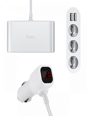 Разветвитель прикуривателя на 2 USB+ 3 прикуривателя (display), Z13, Hoco, белый