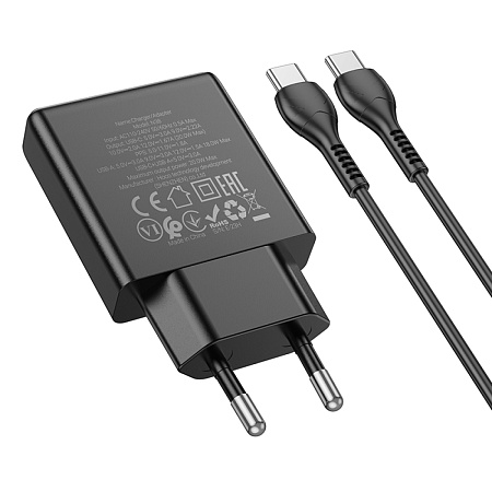 Сетевое зарядное устройство, 1 PD 20W + 1 USB 3.0 QC (N38), HOCO, Type-C to Type-C, черный