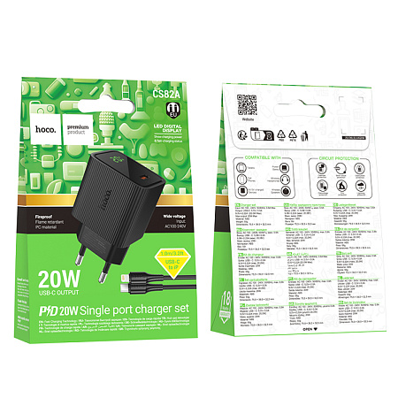 Сетевое зарядное устройство, 1 PD 20W  (CS82A), HOCO, Type-C to Lightning, с дисплеем, черный
