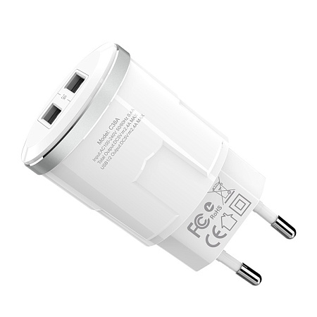 Сетевое зарядное устройство, 2 USB 2.4A (C38A), HOCO, белый