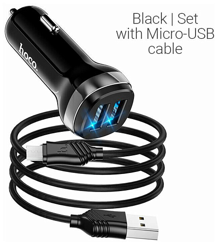 Автомобильное зарядное устройство, 2 USB 2.4A (Z40), usb cable micro, HOCO, черный