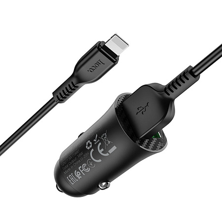 Автомобильное зарядное устройство, 2 USB 3.0 QC (Z39), 18W, HOCO, кабель lightning, черный
