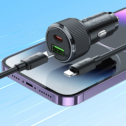 Автомобильное зарядное устройство, 1 USB QC3.0 18W, 1 PD 20W (NZ14A), HOCO, кабель Type-С to Lightning, черный