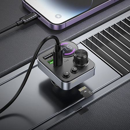 Bluetooth FM модулятор, E86, HOCO, 1 USB QC3.0+1 PD (30Вт)+1 USB 5V/0.5A, черный