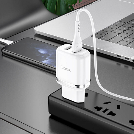 Сетевое зарядное устройство, 2 USB 2.4A 12W (N4), HOCO, Lightning, Умная зарядка, белый
