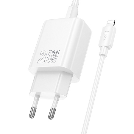 Сетевое зарядное устройство, 1 PD 20W + 1 USB 3.0 QC (N61), HOCO, Type-C to Lightning, белый