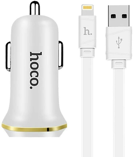 Автомобильное зарядное устройство, 2 USB 2.1A (Z1), usb cable lightning, HOCO, белый