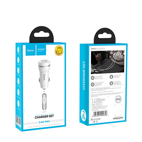 Автомобильное зарядное устройство, 2 USB 2.4A (Z27), usb cable lightning, HOCO, белый