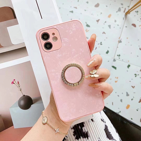 Чехол силиконовый для iPhone 13 (6.1), с подставкой кольцом на палец со стразами, X-CASE, розовый