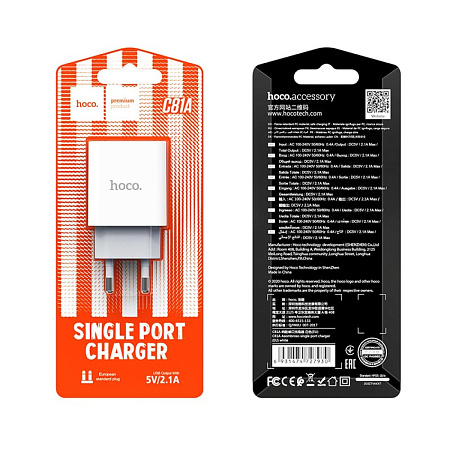 Сетевое зарядное устройство, 1 USB 2.1A (C81A), HOCO, белый