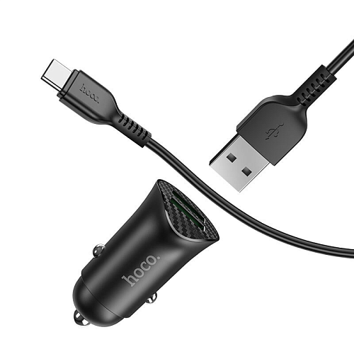 Автомобильное зарядное устройство, 2 USB 3.0 QC (Z39), 18W, HOCO, кабель Type-C, черный