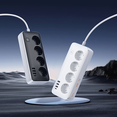 Сетевой фильтр на 4 розетки+3 USB+1 PD, 3 м, AC21, Sunlight, HOCO, белый