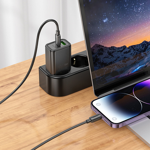 Сетевое зарядное устройство, 1 PD 30W + 1 USB 3.0 QC (N63), HOCO, Type-C to Lightning, черный